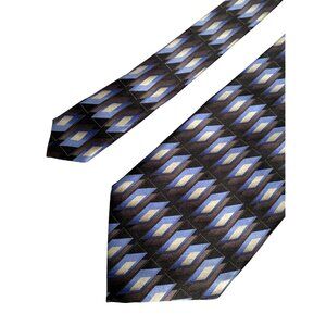 Boca Classics Geometric Tie Black Blue Silver Diamond Pattern 100% Silk 60in